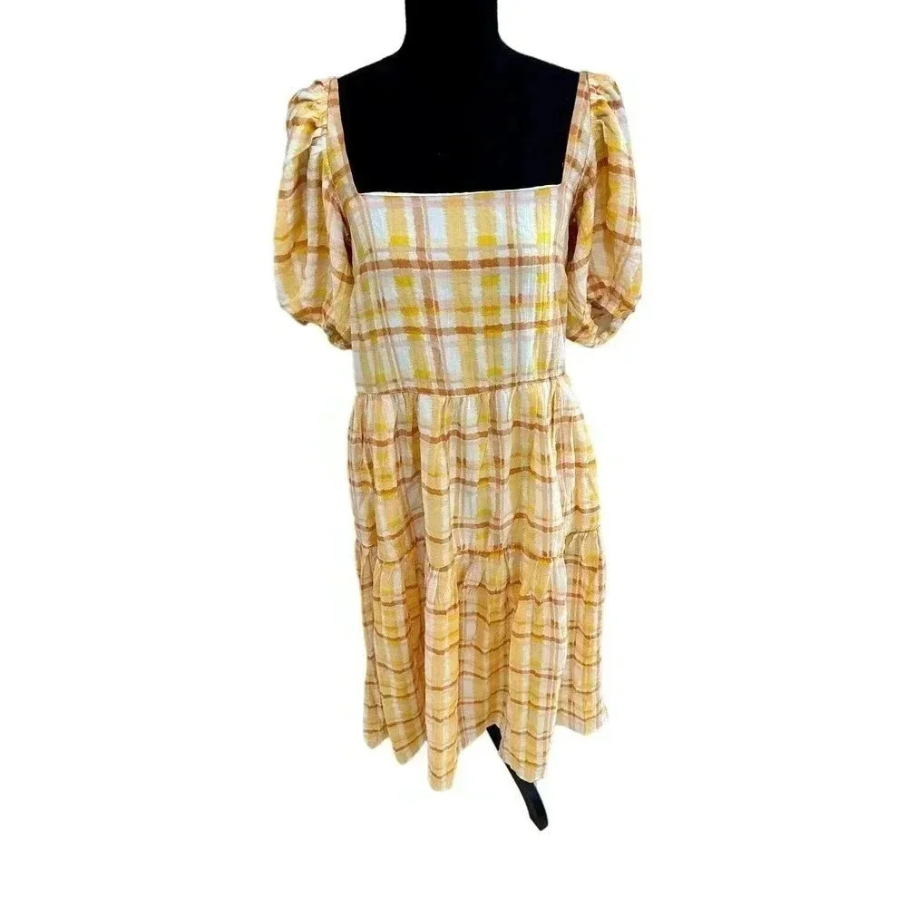 NEW- NWOT ASTR The Label Ilana Yellow Plaid Puff Sleeve Midi Dress XS XS - Picture 3 of 5